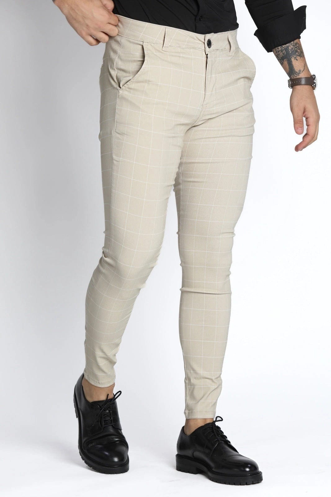 Mens Cream Checkered Dress Pants - Gerardo Collection