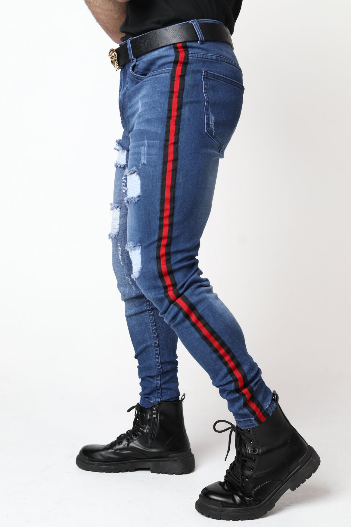 Red Striped Blue Skinny Fit Jeans