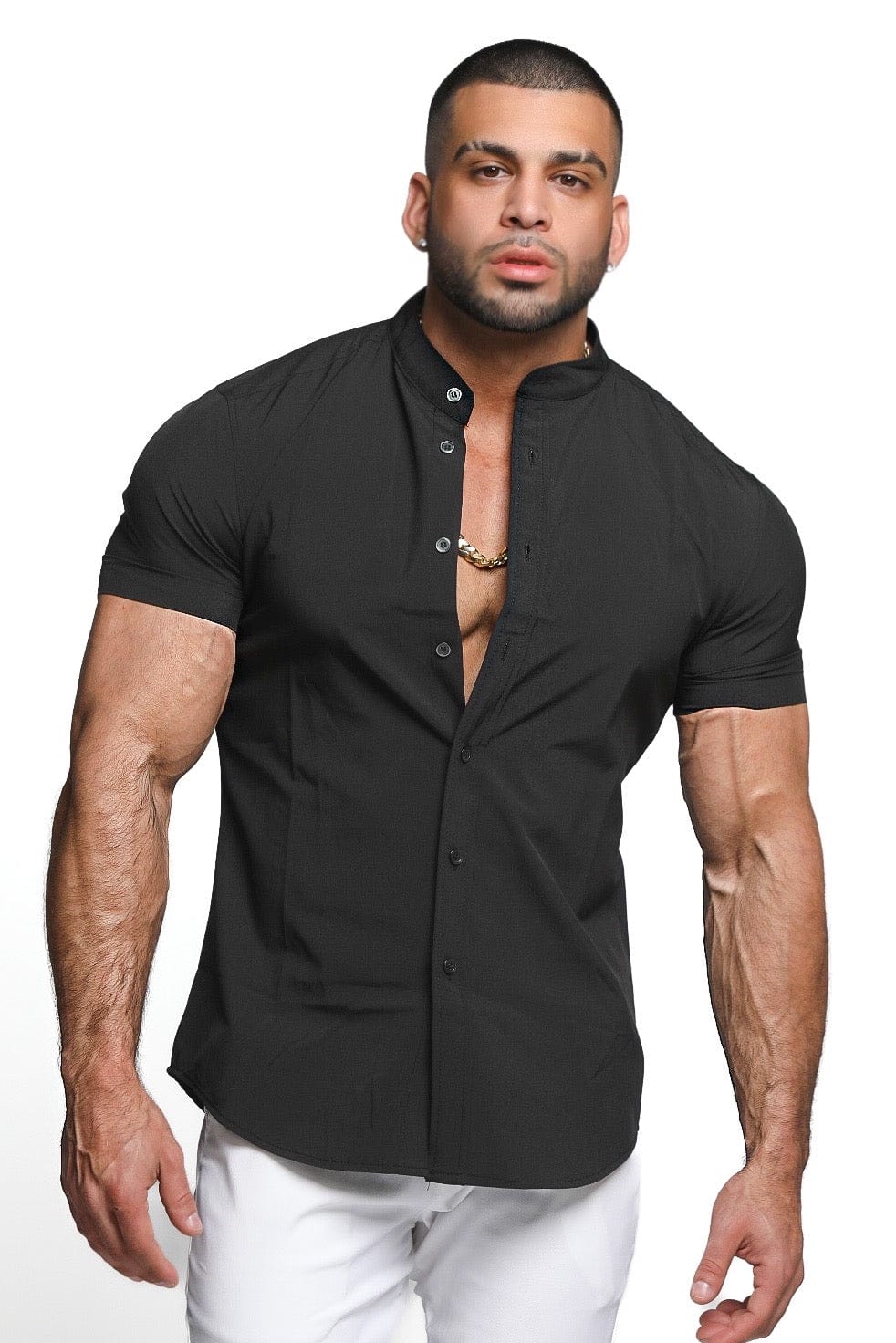 Mens Black Muscle Fit Collarless Shirt - Gerardo Collection