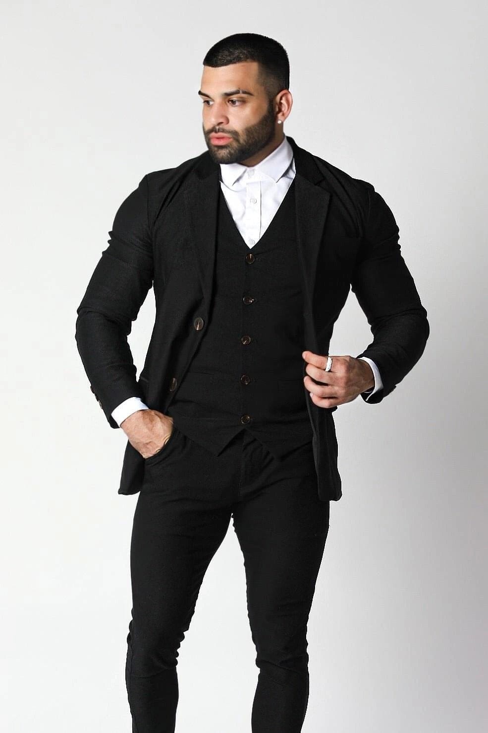 Mens Black Tailored Fit Stretch Suit - Gerardo Collection