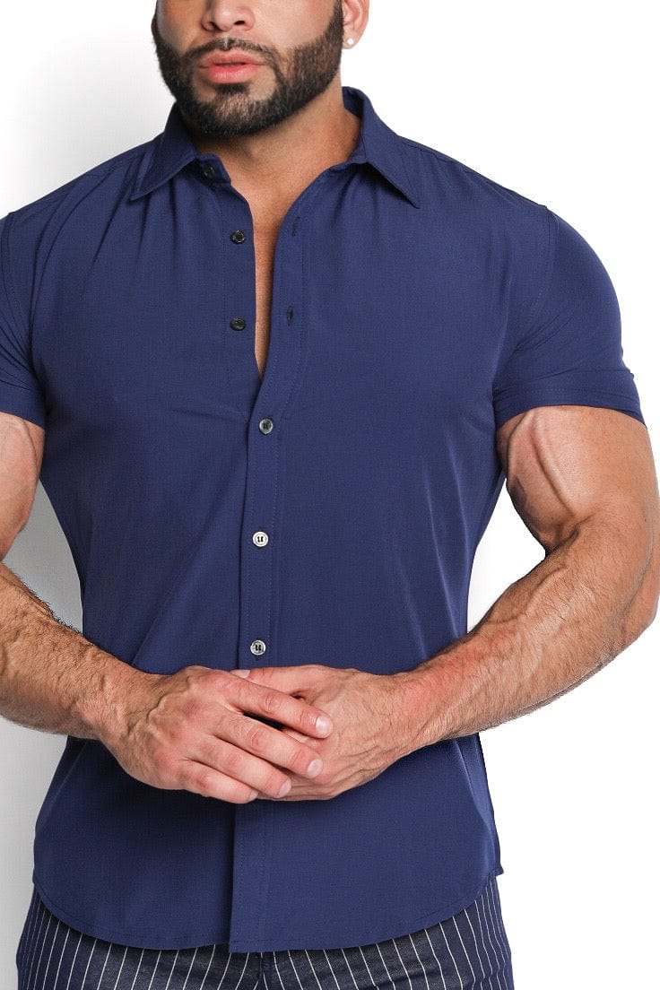 Mens Blue Muscle Fit Button Down Shirt - Gerardo Collection