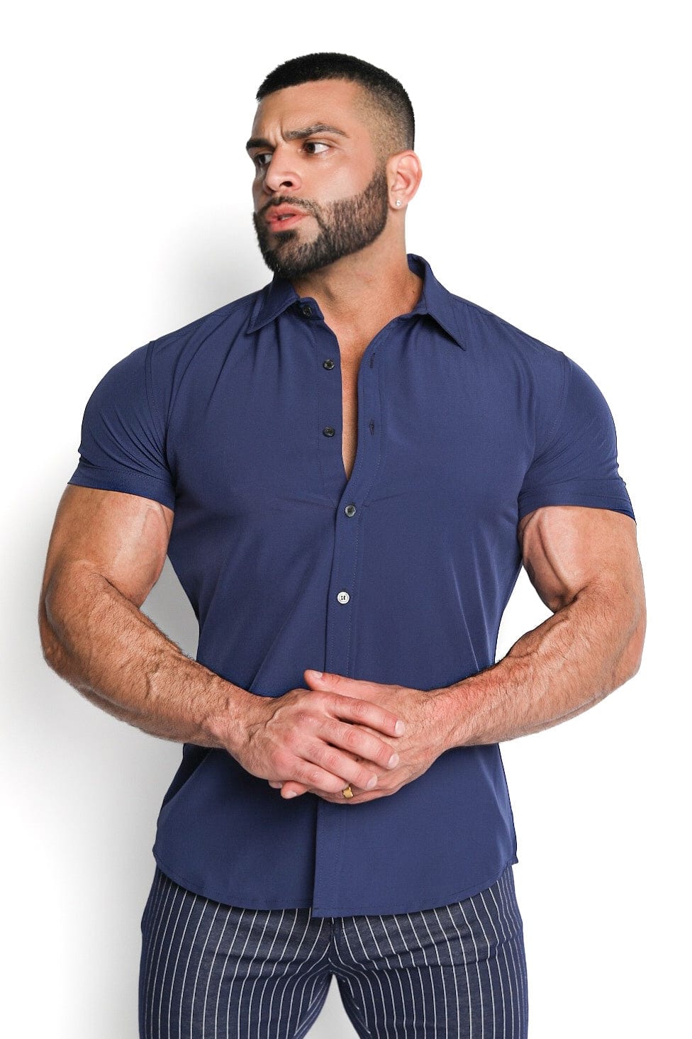 Mens Blue Short Sleeve Dress Shirt - Gerardo Collection