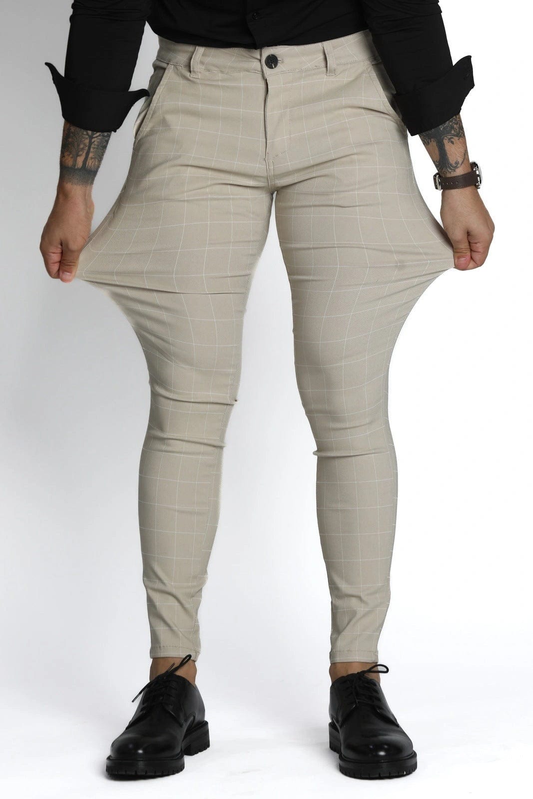 Mens Cream Checkered Dress Pants - Gerardo Collection