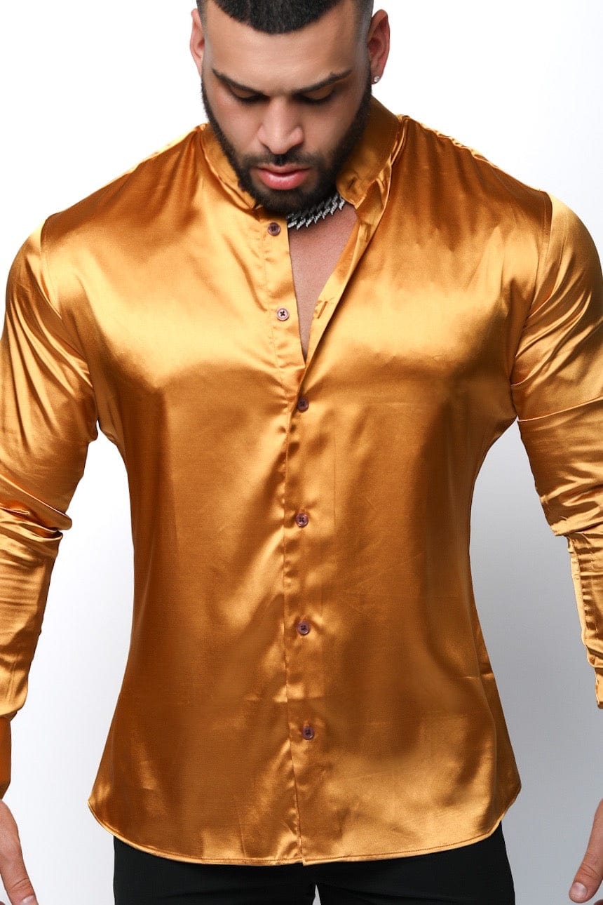 Mens Gold Satin Long Sleeve Shirt - Gerardo Collection