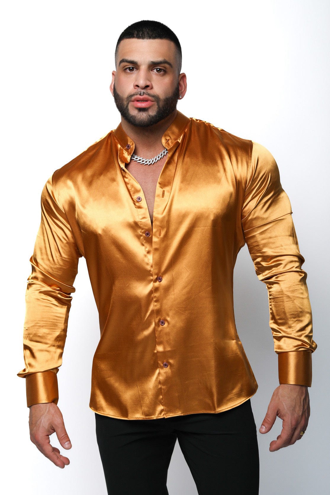 Mens Gold Satin Long Sleeve Shirt - Gerardo Collection