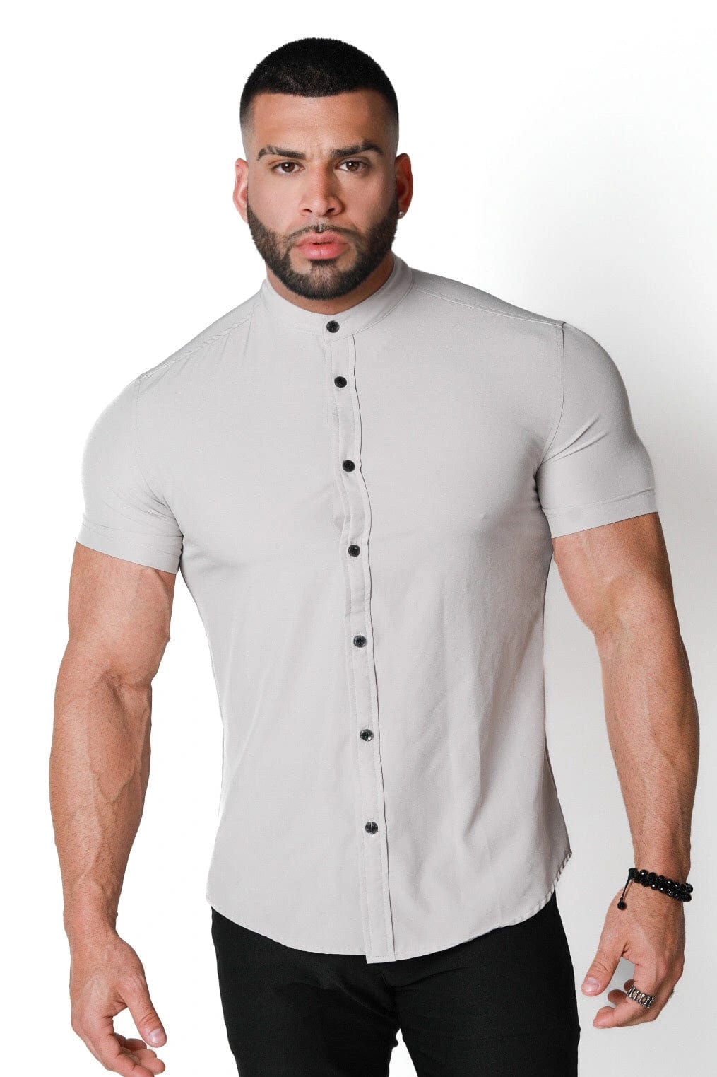 Mens Grey Muscle Fit Collarless Shirt - Gerardo Collection