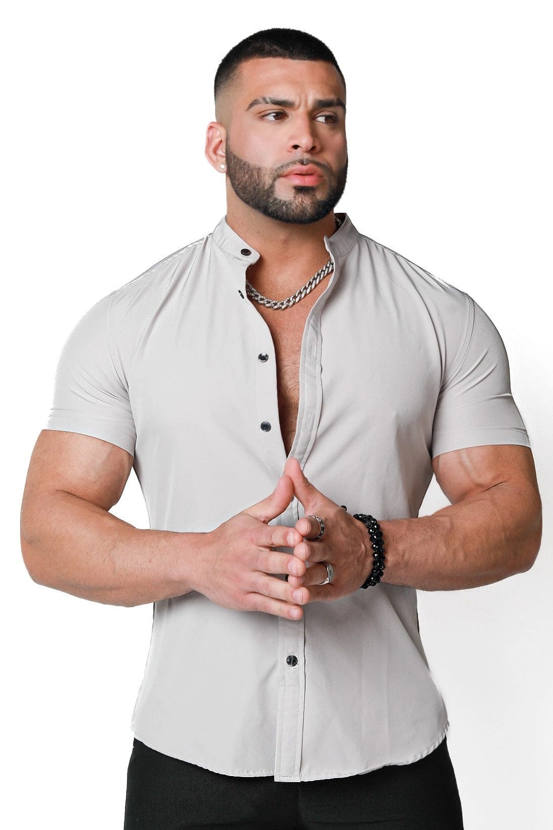 Mens Grey Muscle Fit Collarless Shirt - Gerardo Collection