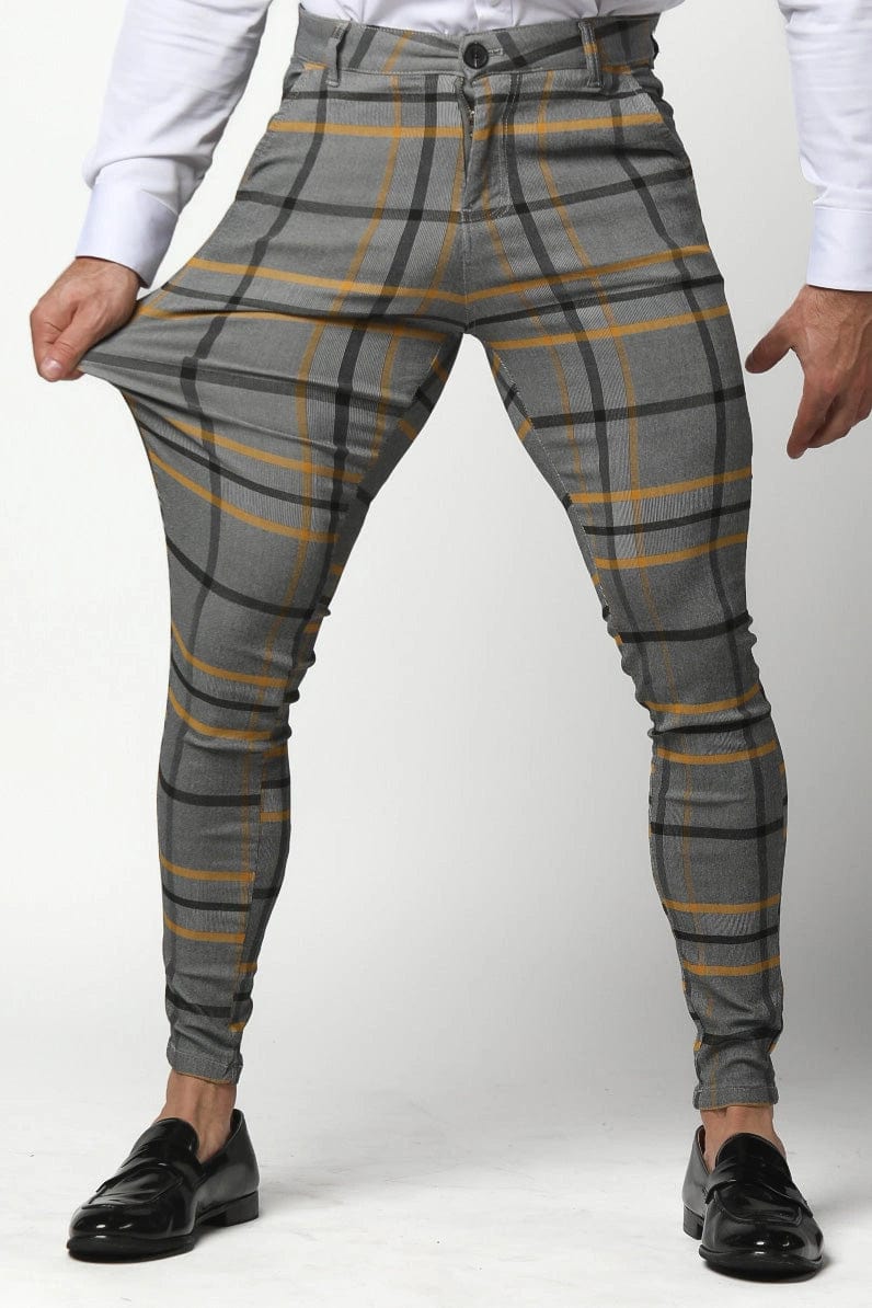 Mens Grey & Yellow Plaid Pants - Gerardo Collection