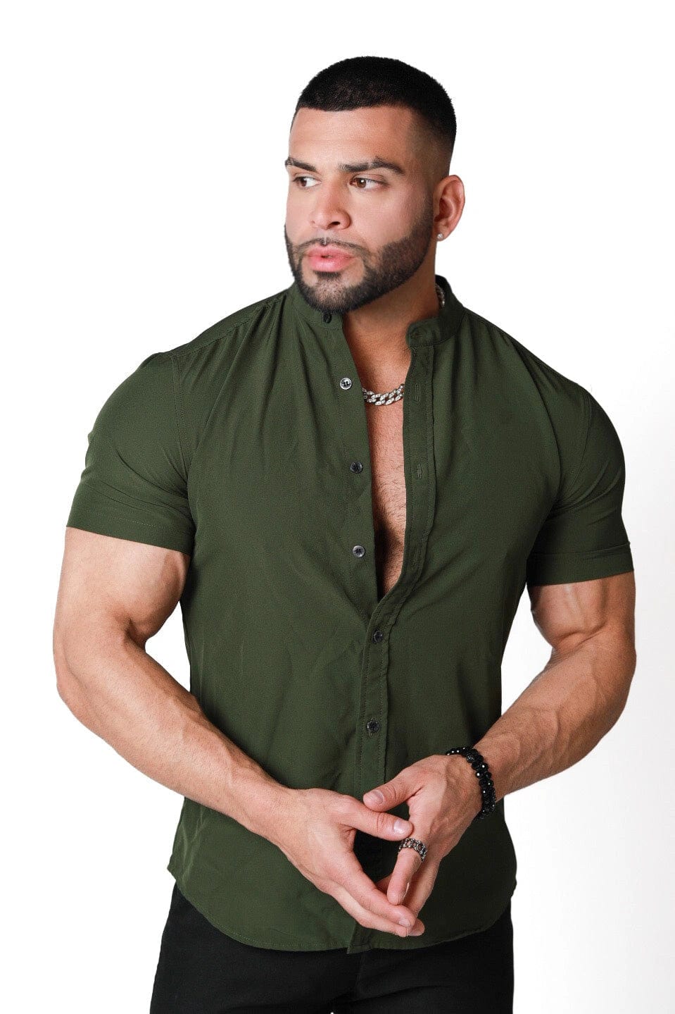 Mens Green Muscle Fit Collarless Dress Shirt - Gerardo Collection