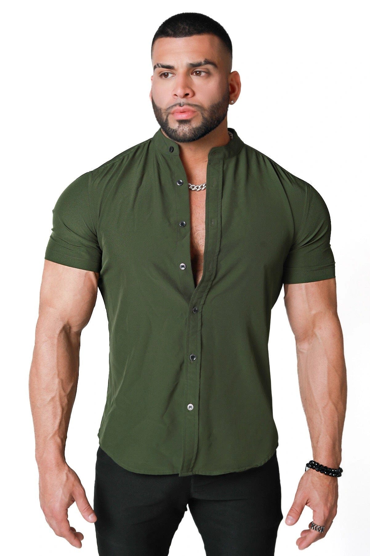 Mens Green Collarless Dress Shirt - Gerardo Collection