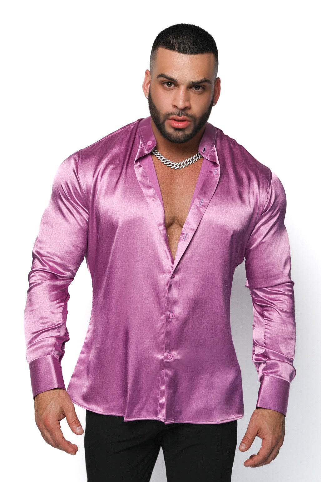 Mens Purple Satin Long Sleeve Shirt - Gerardo Collection