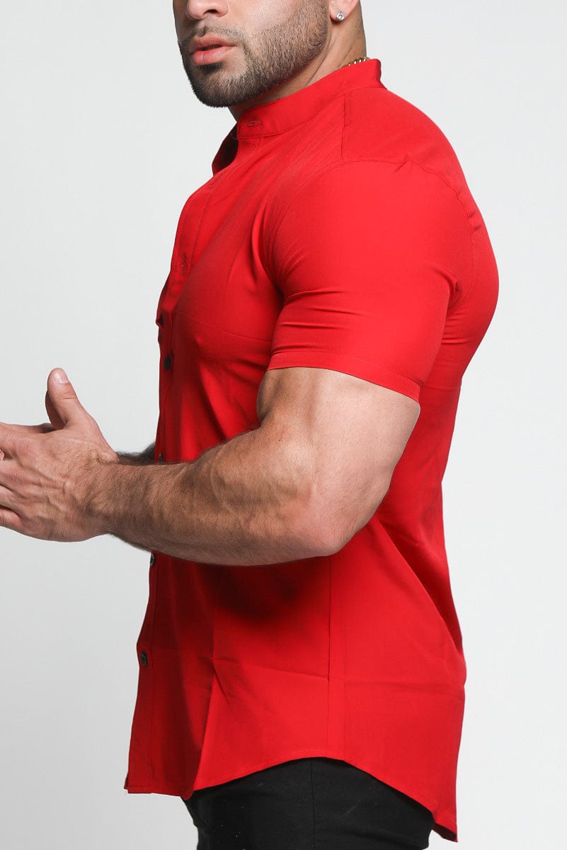 Mens Red Muscle Fit Collarless Shirt - Gerardo Collection