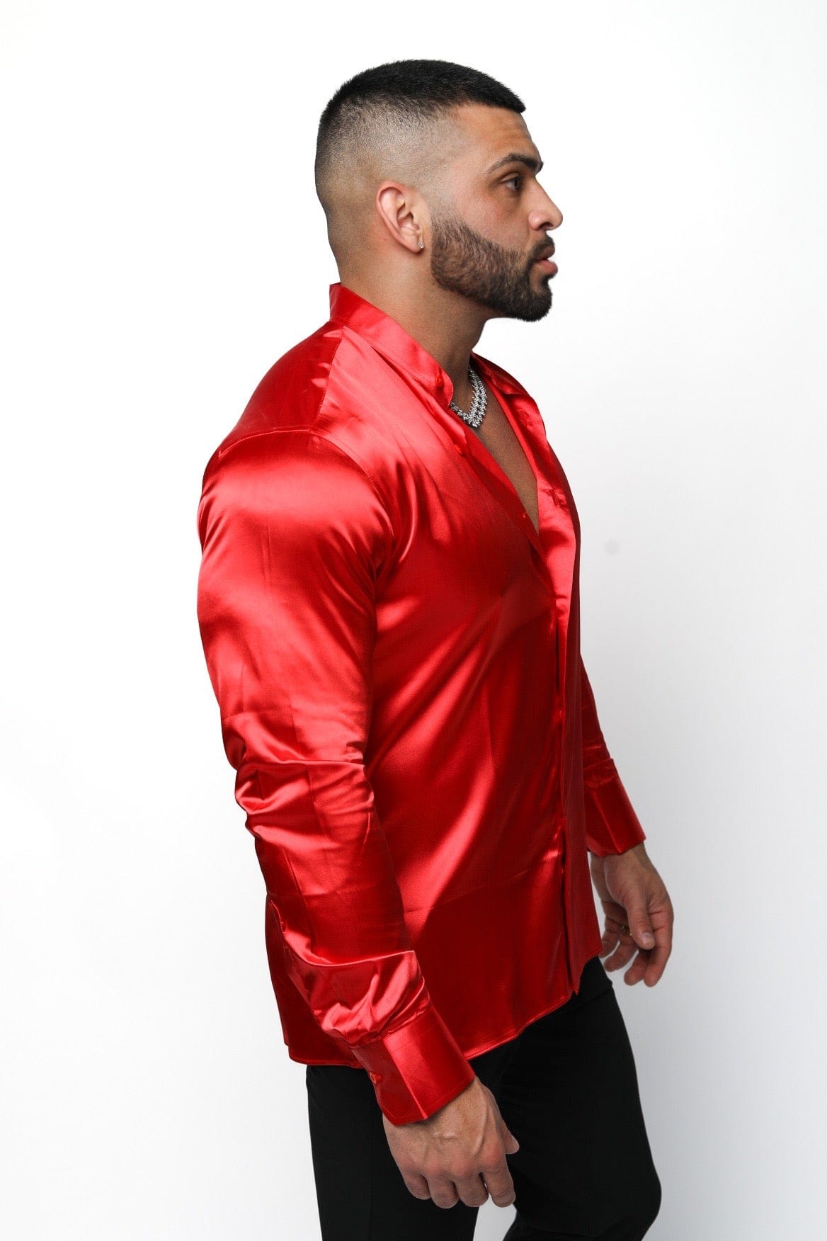 Mens Red Satin Long Sleeve Shirt - Gerardo Collection