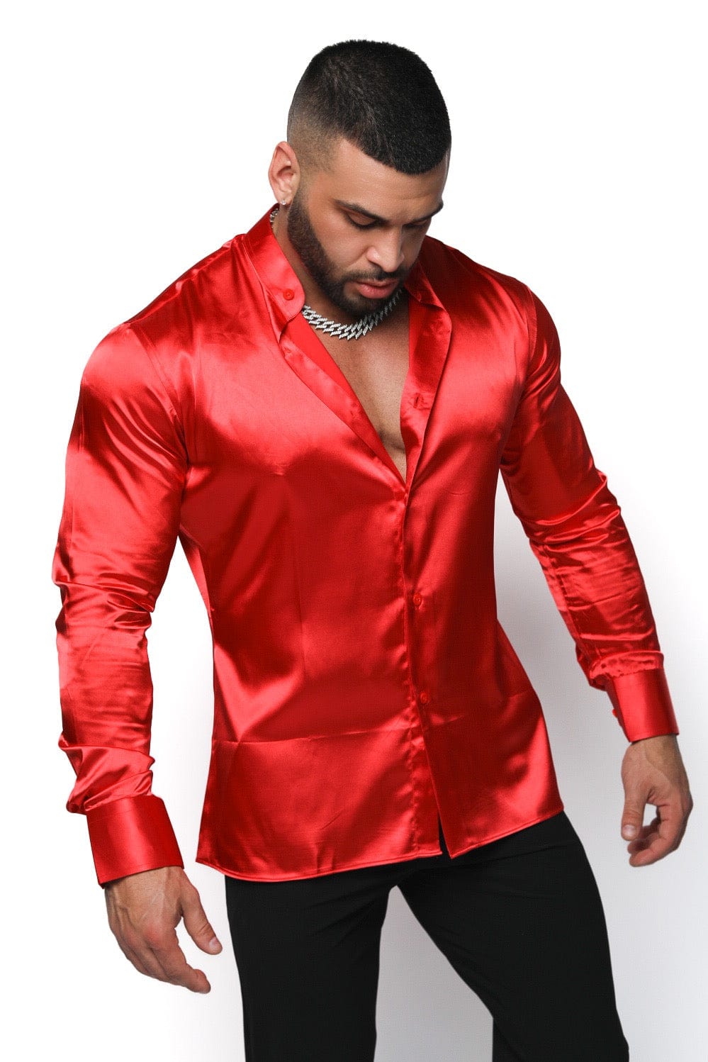 Mens Red Satin Long Sleeve Shirt - Gerardo Collection