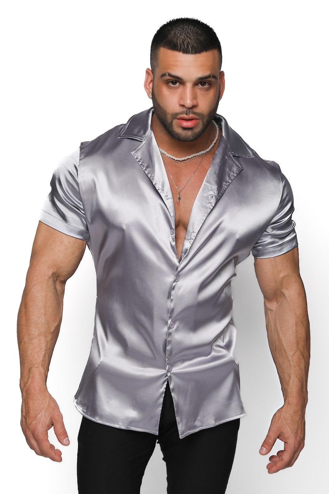 Mens Silver Satin Shirt - Gerardo Collection