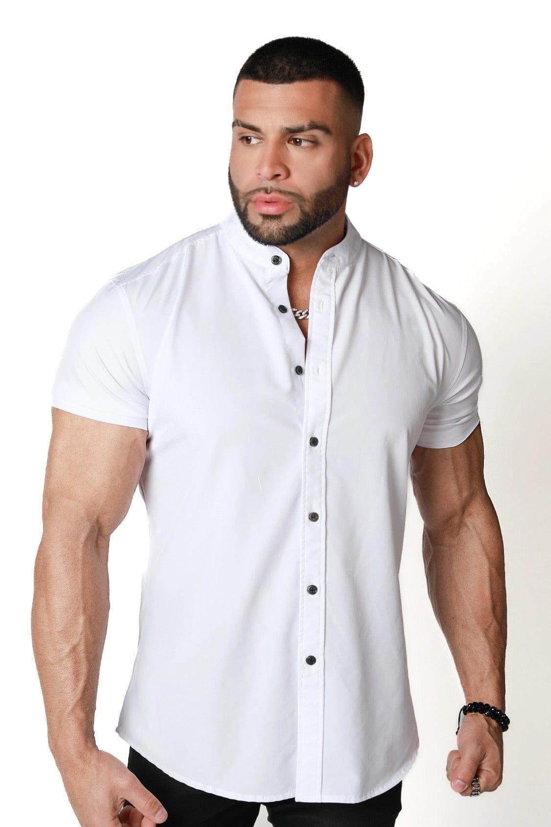 Mens White Muscle Fit Collarless Dress Shirt - Gerardo Collection