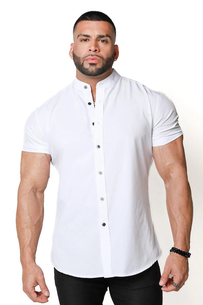 White Muscle Fit Collarless Shirt